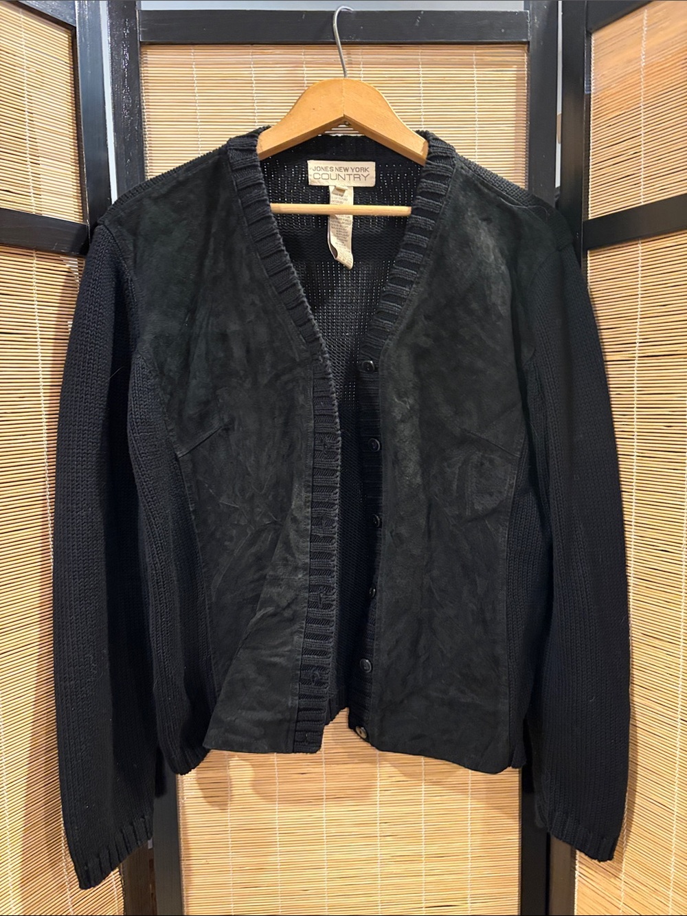 Jones New York Black Suede Front Knit-Sleeve Cardigan Jacket